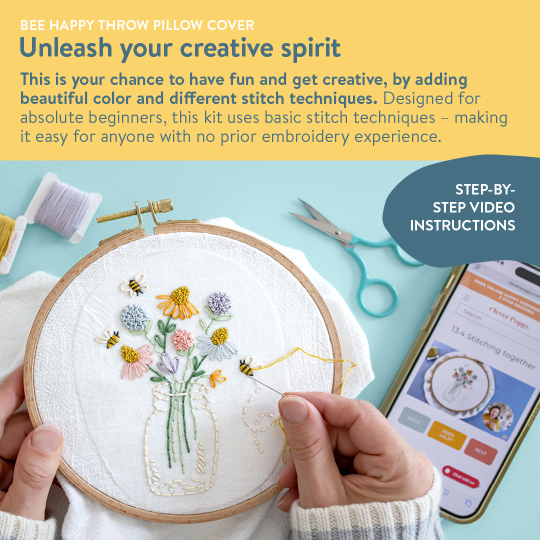 Bee Happy Throw Pillow Cover Beginner Kit